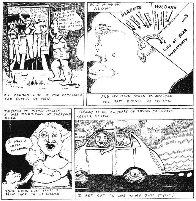 Aline Kominsky Crumb illustrated her personal journey of moving from fear and uncertainty to freedom.