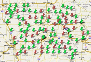 Red pins represent Iowa hospitals that do not offer obstetrical services. Green pins are Iowa hospitals that continue to offer such services. Click image to access interactive Google map.