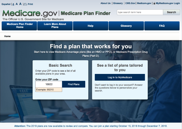 [Photo: A screencap of the Medicare.gov website with "10022" entered in the search bar]
