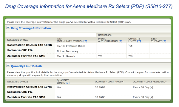 [Photo: A screencap from Medicare.gov showing the different drug restrictions for each plan]