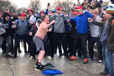 [Photo: Teenage boys from Covington Catholic school acting out disrespectfully and out of control.]