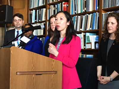 [Photo: Dr. Leana Wen speaks at an event in Rhode Island.]