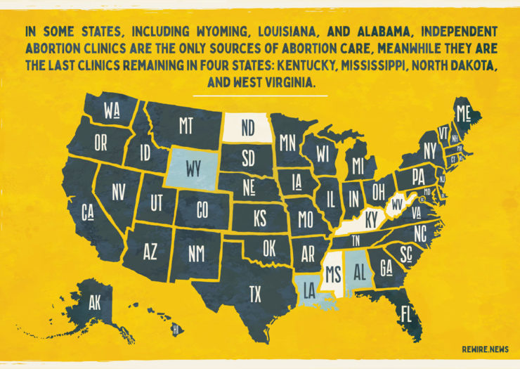 [Photo: An illustrated map of the United States on a yellow background depicting states with independent abortion clinics.]